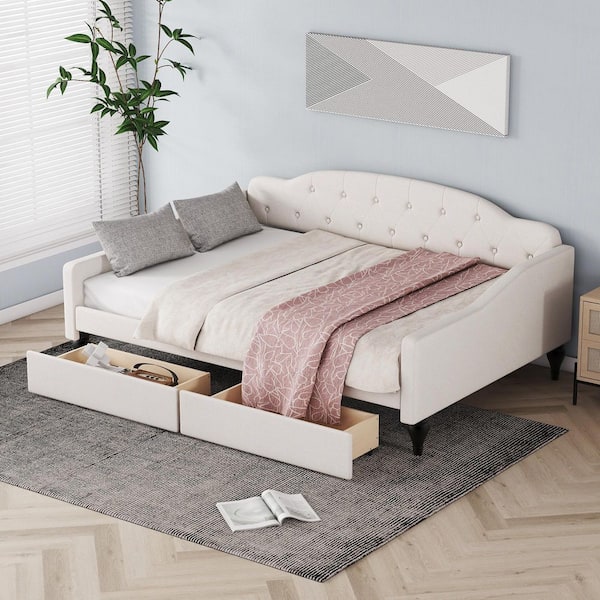 Beige White Full Upholstered Tufted Daybed with 2 Drawers