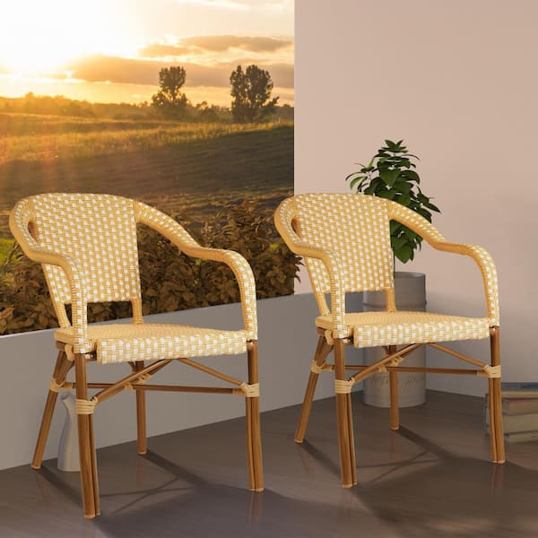 PURPLE LEAF Wicker Bistro Chair French Hand-Woven Arm Chairs for Outdoor Patio Indoor Dining Chairs in Cream Yellow (2-Pack)