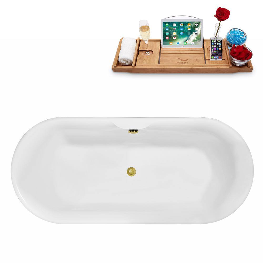 67" White Acrylic Freestanding Clawfoot Bathtub with Gold Hardware