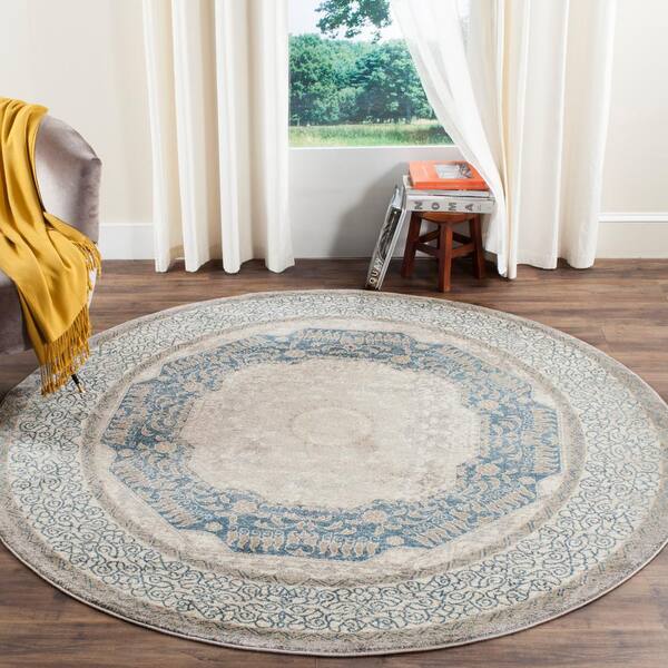 Sofia Light Gray/Blue 9 ft. x 9 ft. Round Border Area Rug