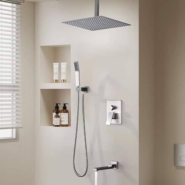 Satico 1-Spray Patterns 16 in. Ceiling Mount Dual Fixed and Handheld Shower Head with Bathtub Faucet 2.5 GPM in Brushed Nickel