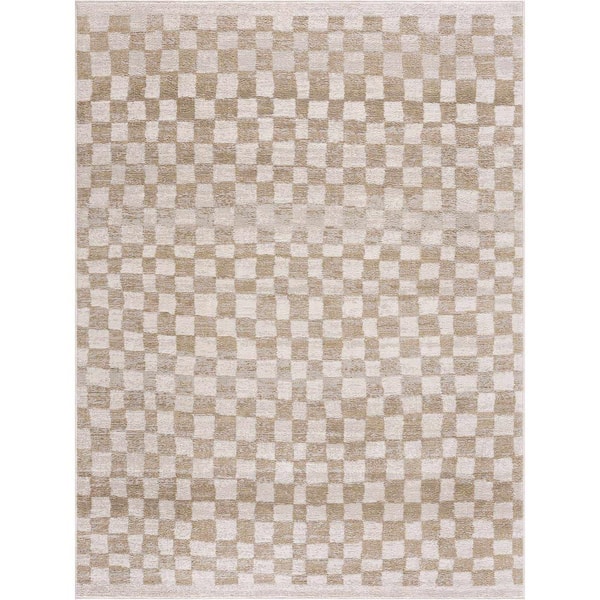 Hauteloom Beige/Gold 2 ft. x 3 ft. Pertek Checkered Square Tile Distressed Rectangle Area Rug