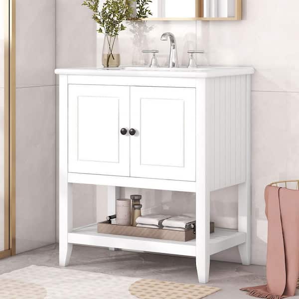 30 in. Single Sink Freestanding White Bath Vanity with White Ceramic Top, Open Style Shelf