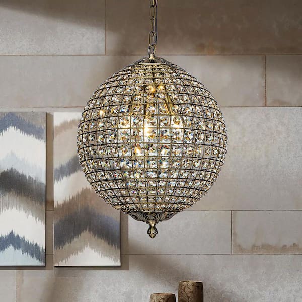 3-Light 16" Retro Antique Gold Crystal Globe Chandelier Small Sphere Pendant Light