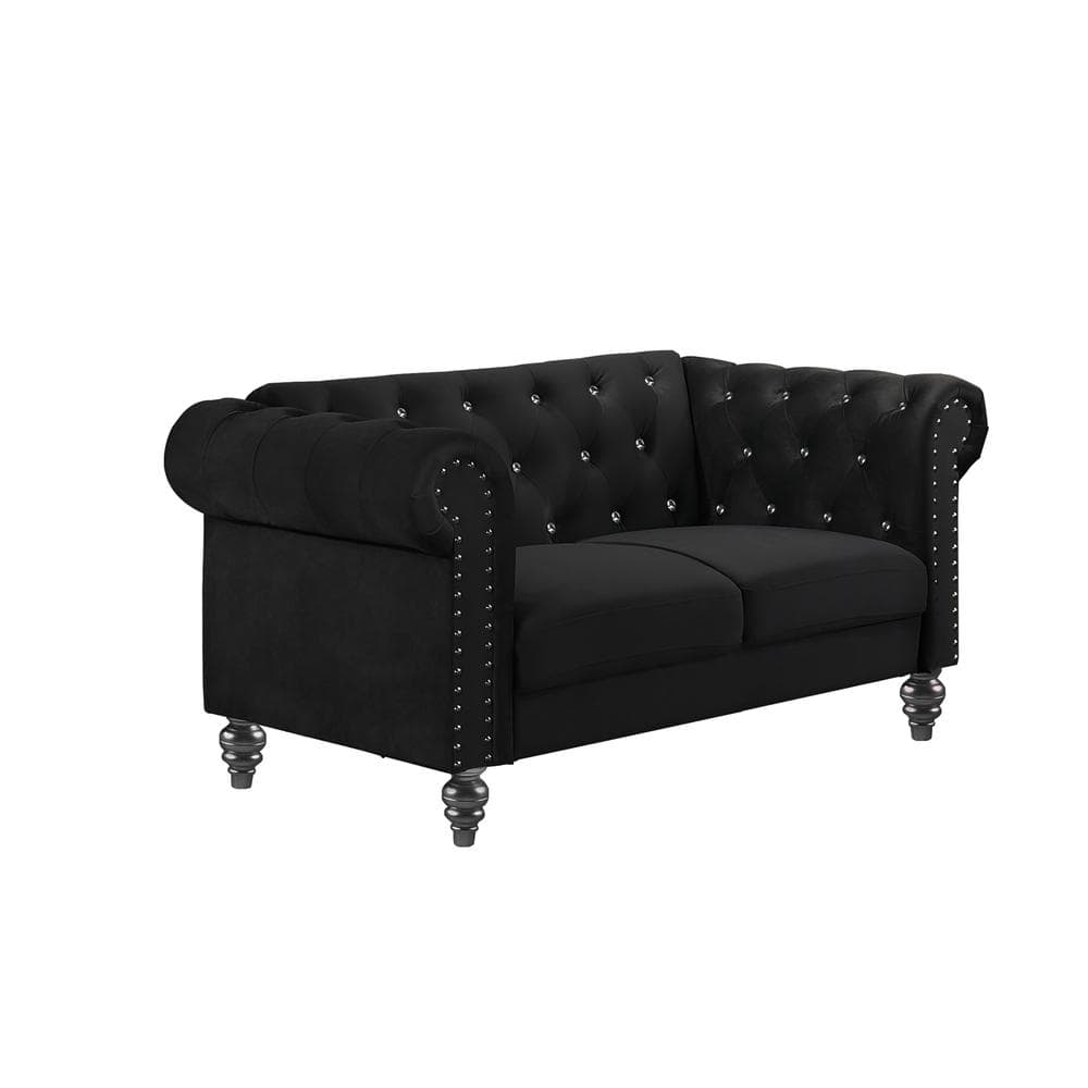 Emma Black Velvet Loveseat and Sofa Set with Silver Accents