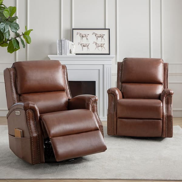 JAYDEN CREATION Joachim Brown 34.5 in. Traditional Genuine Leather 3 Position Power Swivel Glider Recliner Set of 2