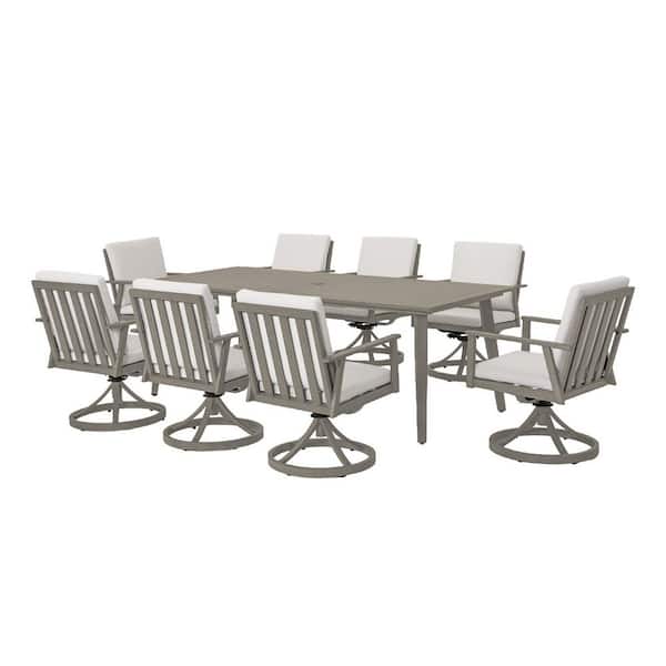 AluLux Gray 9-Piece Aluminum Outdoor Dining Set with 8 Swivel Dining Chairs and Beige Cushions