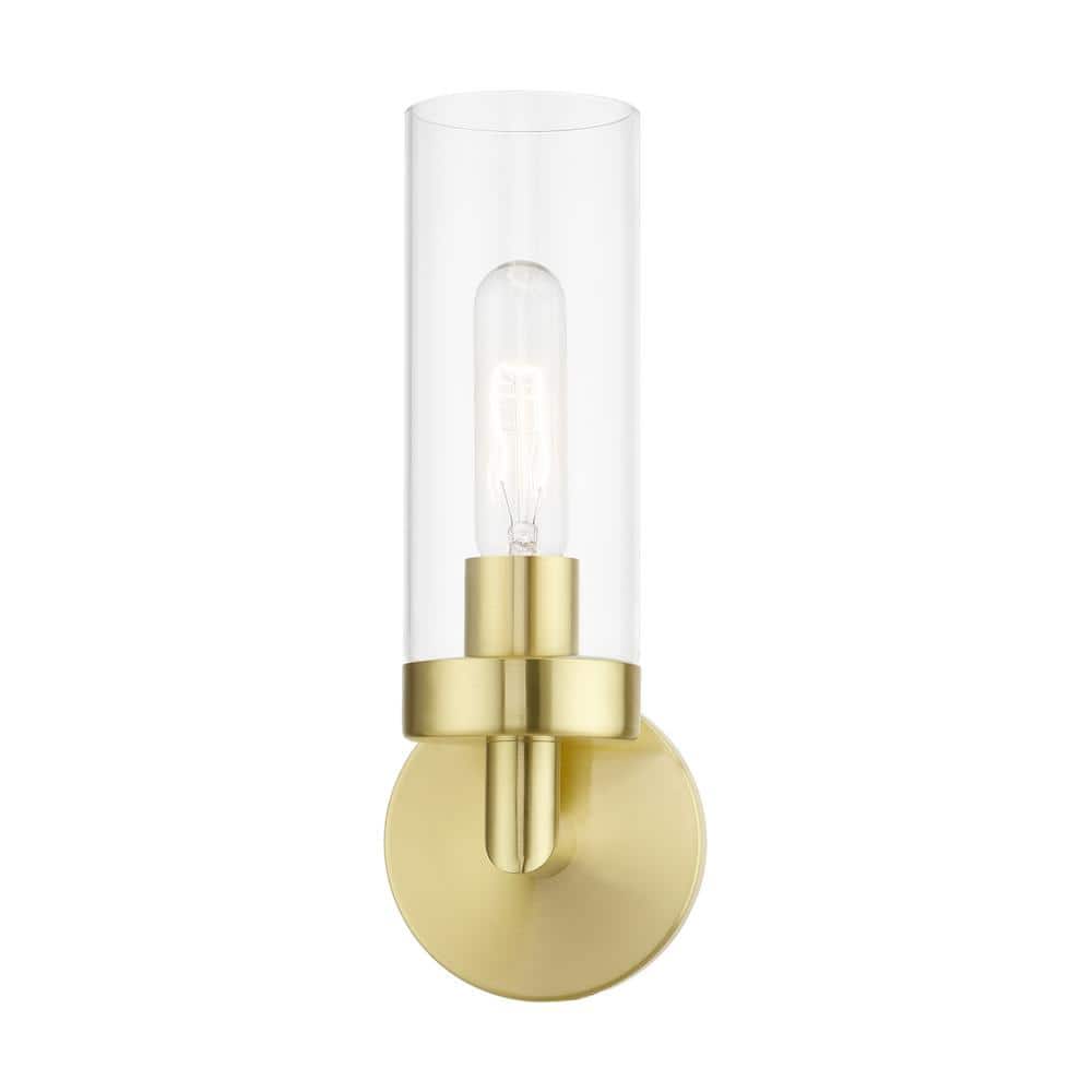 Urban Elegance Satin Brass Dimmable Sconce with Clear Glass