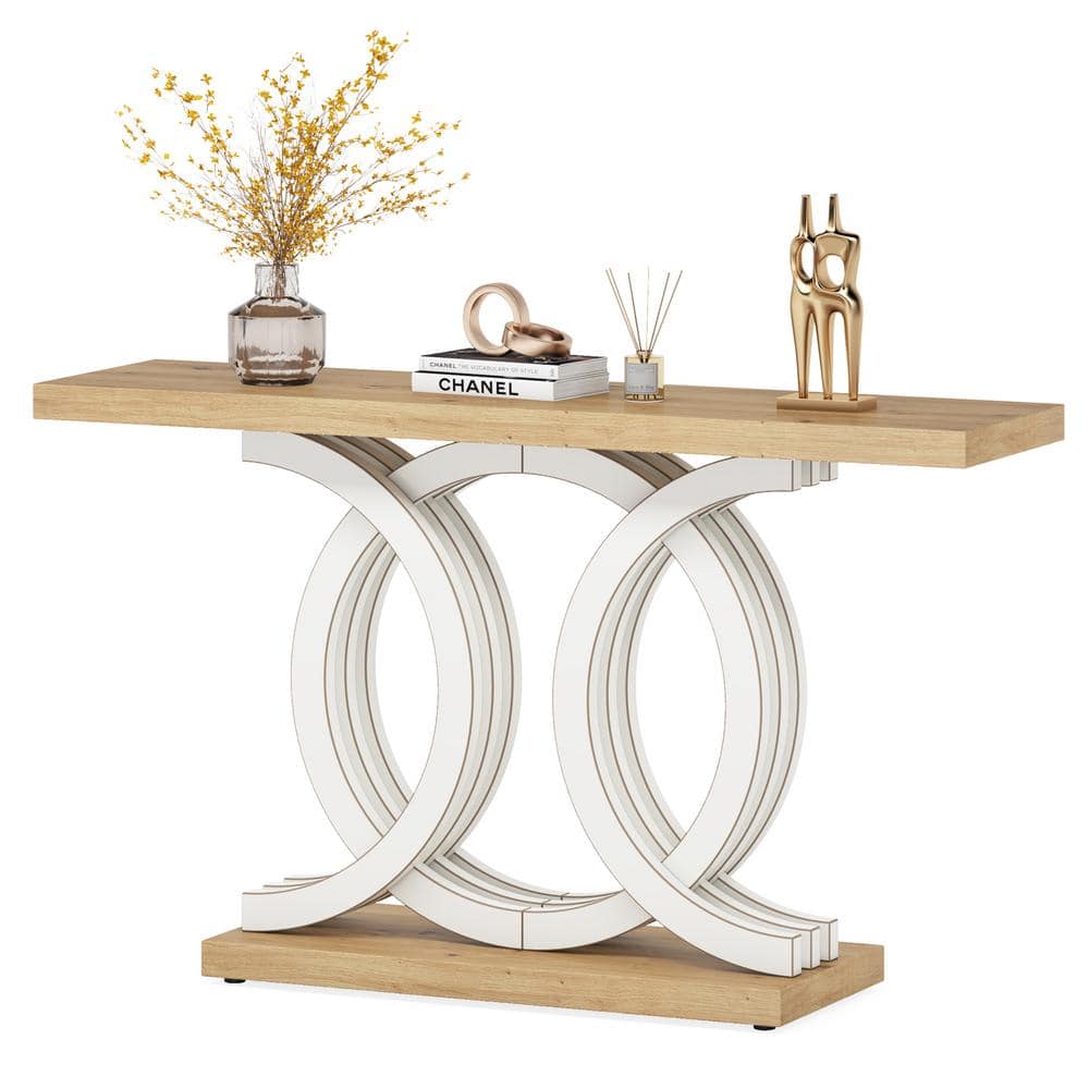 White and Natural Wood 55" Console Table with Geometric Base