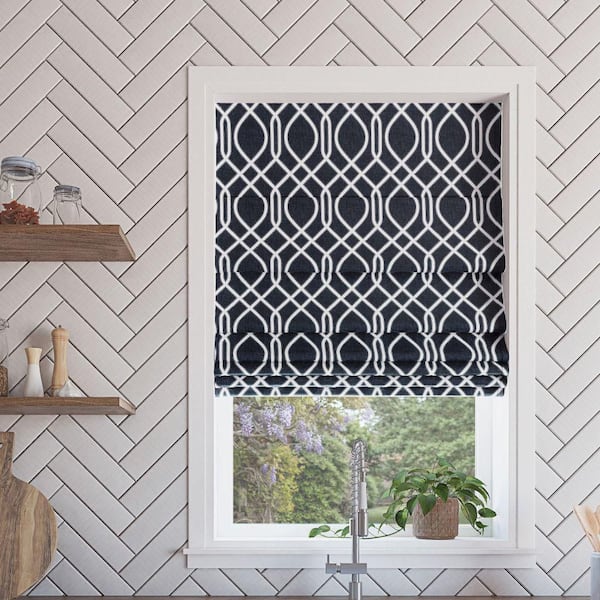 Sun Zero Detour Cordless Navy Blue 100% Blackout Modern Trellis Fabric Roman Shade 27 in. W x 64 in. L