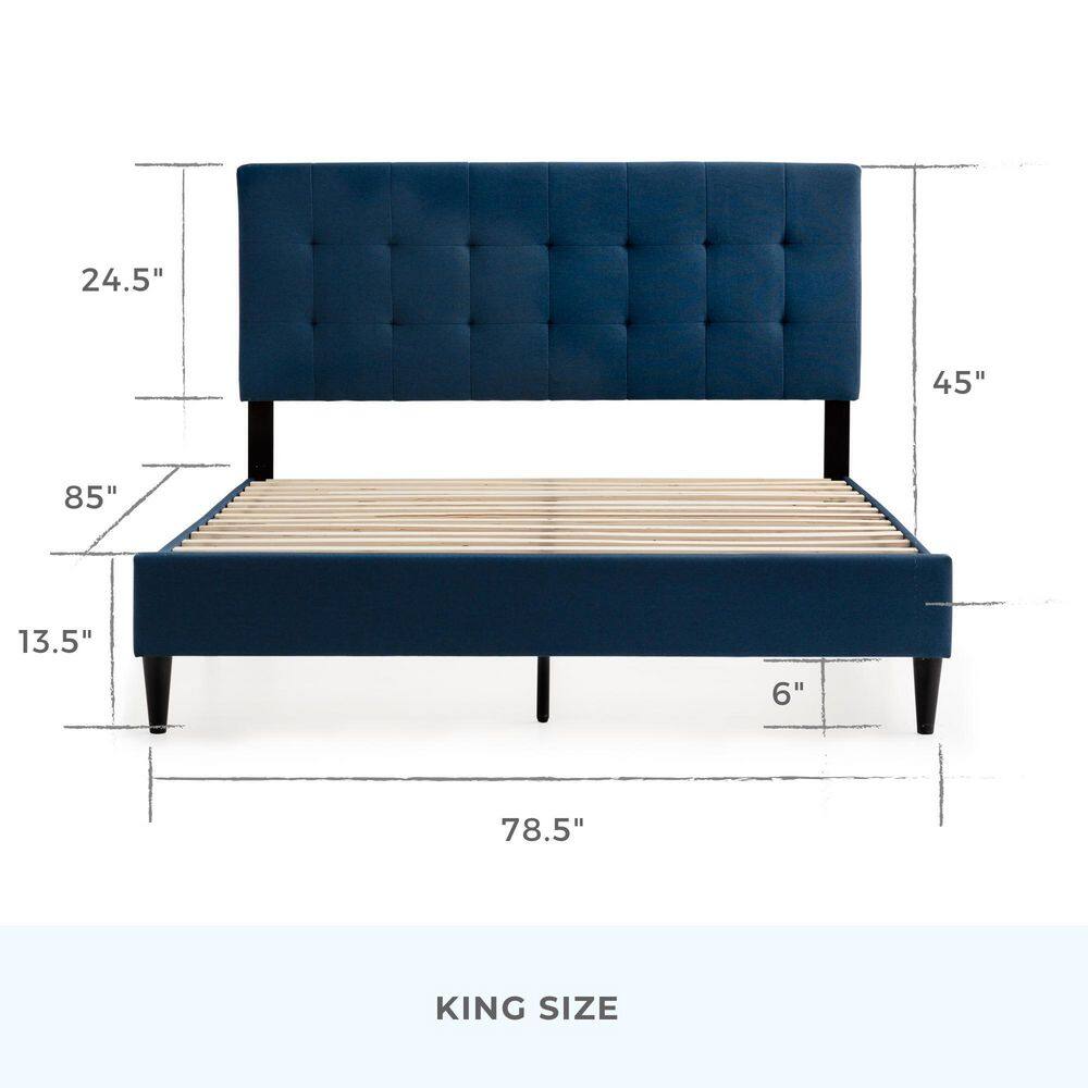 King-Sized Navy Linen-Tufted Upholstered Platform Bed with Wooden Slats