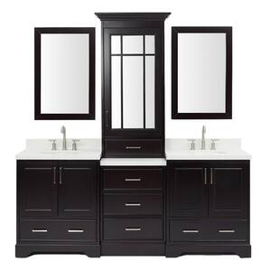 Stafford 85 in. Bath Vanity in Espresso with Quartz Vanity Top in White with Under-Mount Basins and Mirrors