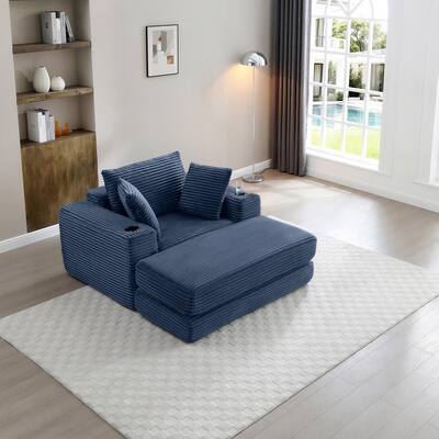 Frida Blue Chenille Upholstered Modular 3-in-1 Chaise Lounge with Movable Ottoman, Cup Holders, Pillows