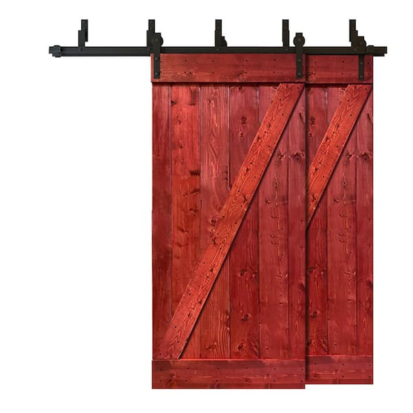 CALHOME 84 in. x 84 in. Z Bar Bypass Cherry Red Stained Solid Pine Wood Interior Double Sliding Barn Door with Hardware Kit
