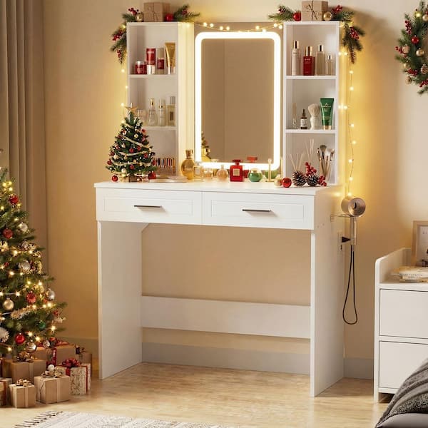 2-Drawers White Makeup Vanity Desk with LED Lighted Mirror, Power Strip, 6-Tier Storage Shelves and Hair Dryer Holder