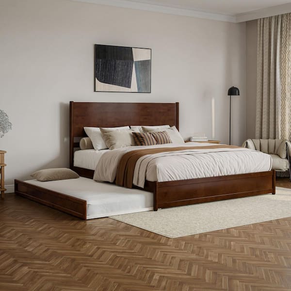 Ronan Walnut Brown Wood Frame King Platform Bed with Footboard and Twin XL Trundle