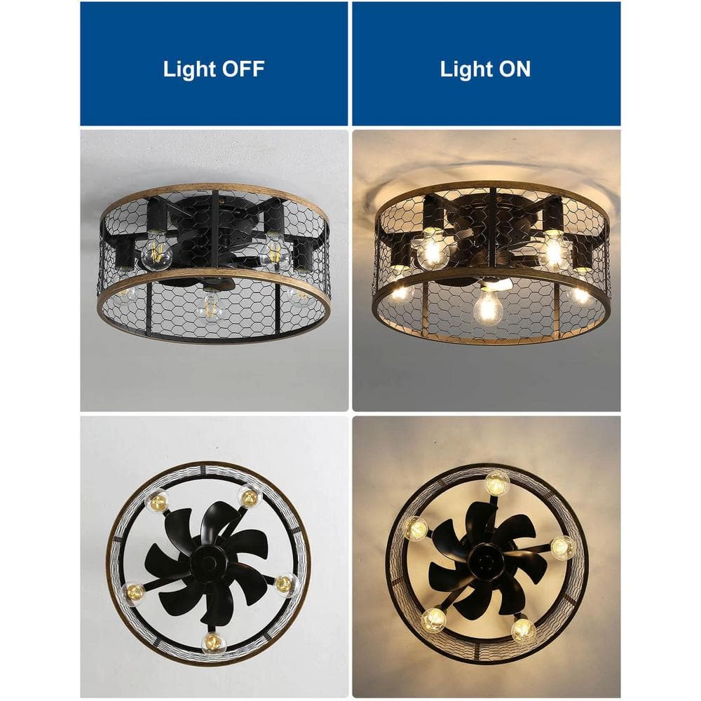 20 in. Black Industrial Low Profile Caged Ceiling Fan with Light and Remote