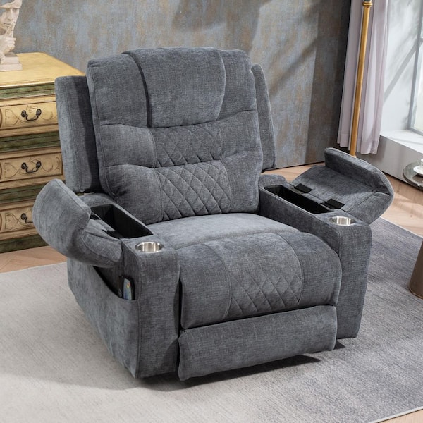 Upgraded Flagship Oversized Gray Taupe Chenille Power Lift Recliner Chair with Extended Footrest and Armrest Storage