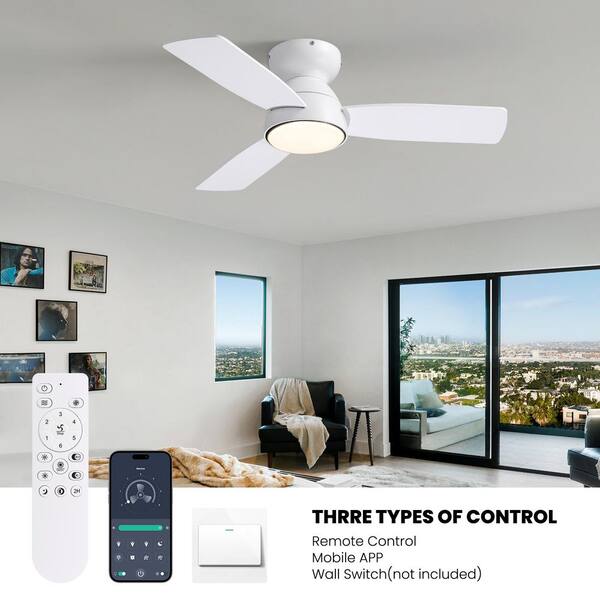 SURNIE White Flush Mount Dimmable Enclosed Ceiling Fan, Reversible LED Light, Remote Control