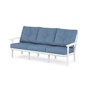 Prairie Plastic Outdoor Deep Seating Couch in White with Sky Blue Cushions