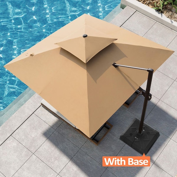 11 ft. x 11 ft. Square Aluminum Double Top 360° Cantilever Patio Umbrella in Tan with 220 lbs. Umbrella Base