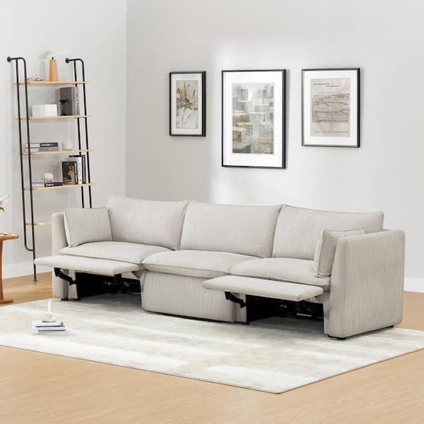 SPRUCE & SPRING Luna 114 in. Light Grey 3-Piece Fabric Modern Modular Power Sofa with 2-Power footrests and Square Arm for Livingroom