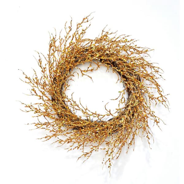 Unbranded 22 in. Gold Artificial Christmas Wreath with Glitter Coral Twig