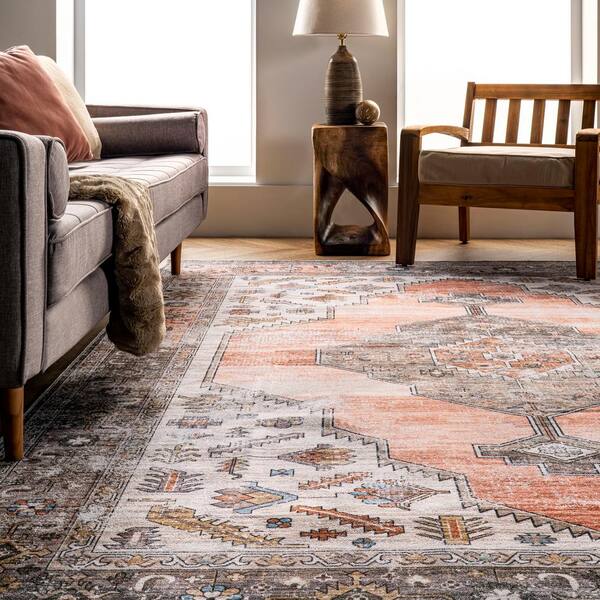 nuLOOM Gracie Machine Washable Distressed Medallion Peach 8 ft. x