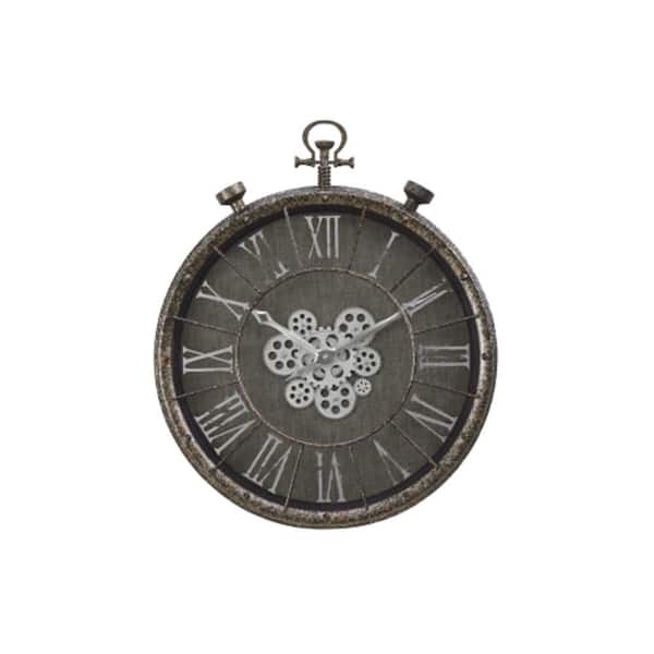 Afoxsos 24 in. Round Rustic Gear Mechanism Wall Clock with Silent Quartz Movement, Roman Numerals and Glass Face in Gray