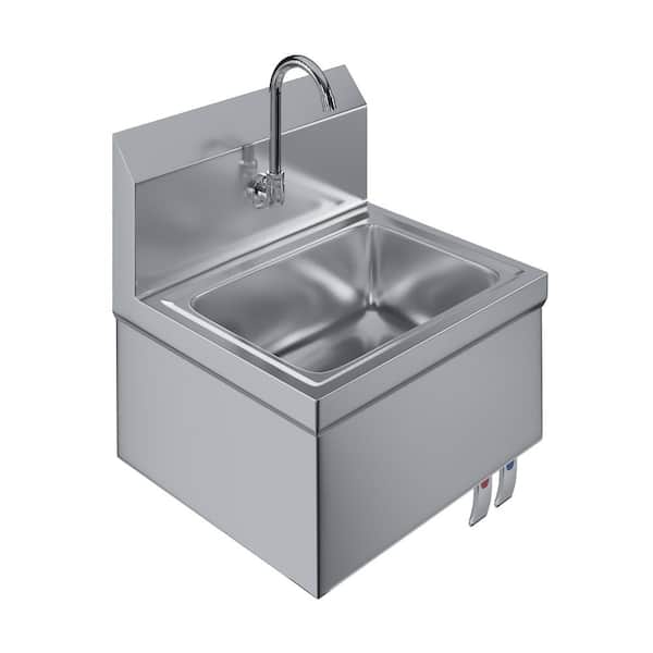 17 in. x 15 in. Wall Mounted Stainless Steel 1 - Basin Hands Free Sink with Double Knee Valves and Faucet