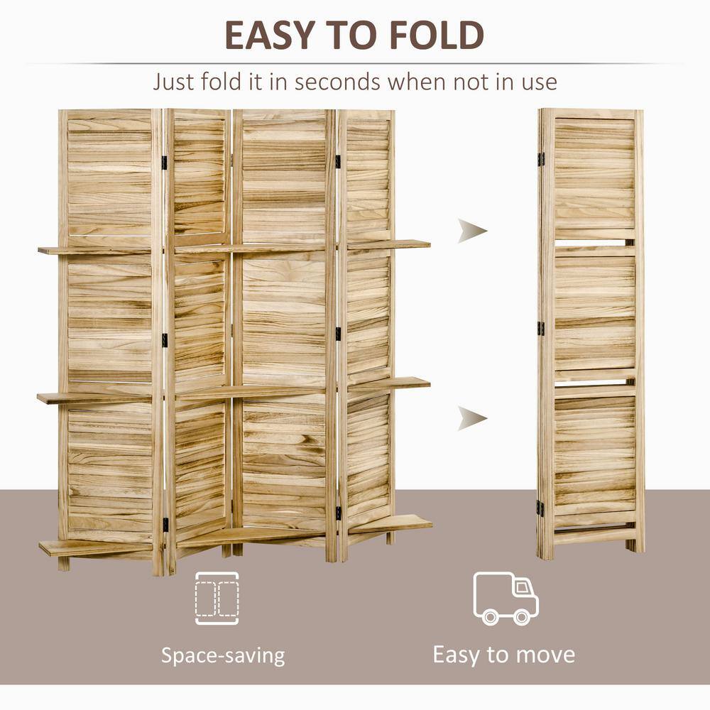Natural Light Wood 4-Panel Folding Room Divider with Shelves