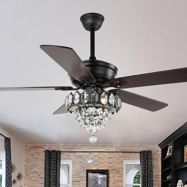 Oaks Aura Gaggiano 52 in. Indoor Black 5 Reversible Blades Glam Crystal Ceiling Fan with Light Remote Included Fandelier