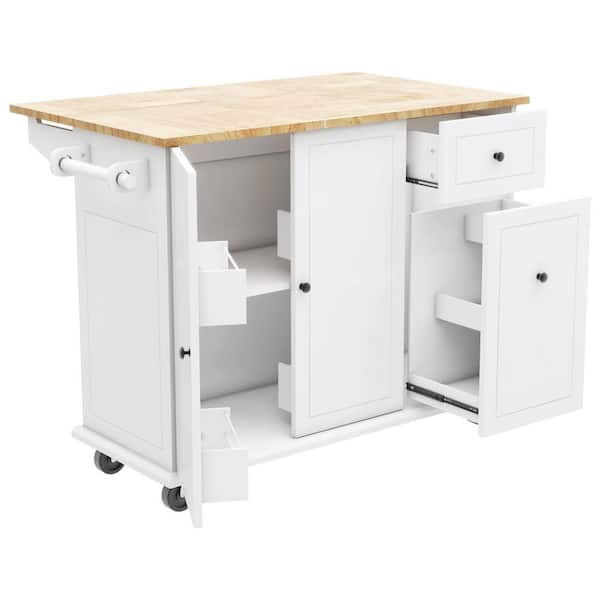 53.9 in. Rolling Kitchen Cart Island with Drop Leaf: 3-Tier Pull-Out Storage, Spice/Towel Racks and Internal in White