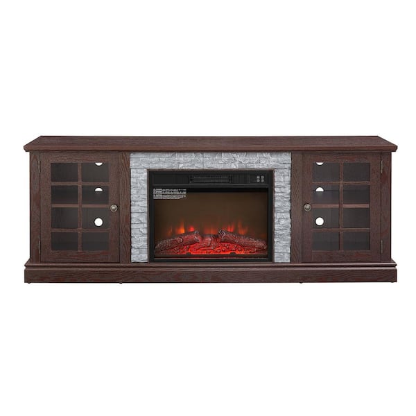 70 in. W Freestanding Wooden with Faux Stacked Stone Surround Large Electric Fireplace TV Stand in Cherry