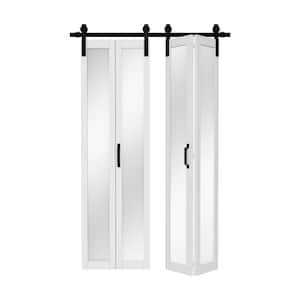 50 in. x 84 in. 1-Lite Mirrored Glass White Finished Composite Bi-Fold Sliding Barn Door with Hardware Kit