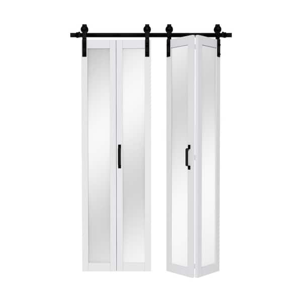 ARK DESIGN 50 in. x 84 in. 1-Lite Mirrored Glass White Finished Composite Bi-Fold Sliding Barn Door with Hardware Kit