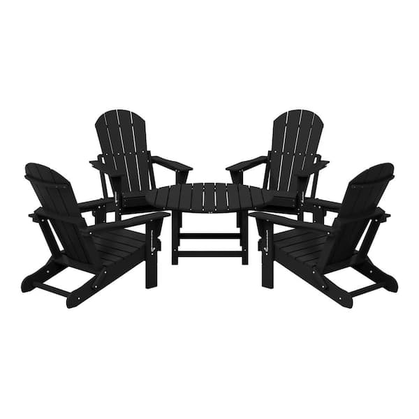 Laguna Black Fade Resistant 5-Piece Plastic Adirondack Chair Outdoor Patio Conversation Set with Round Coffee Table
