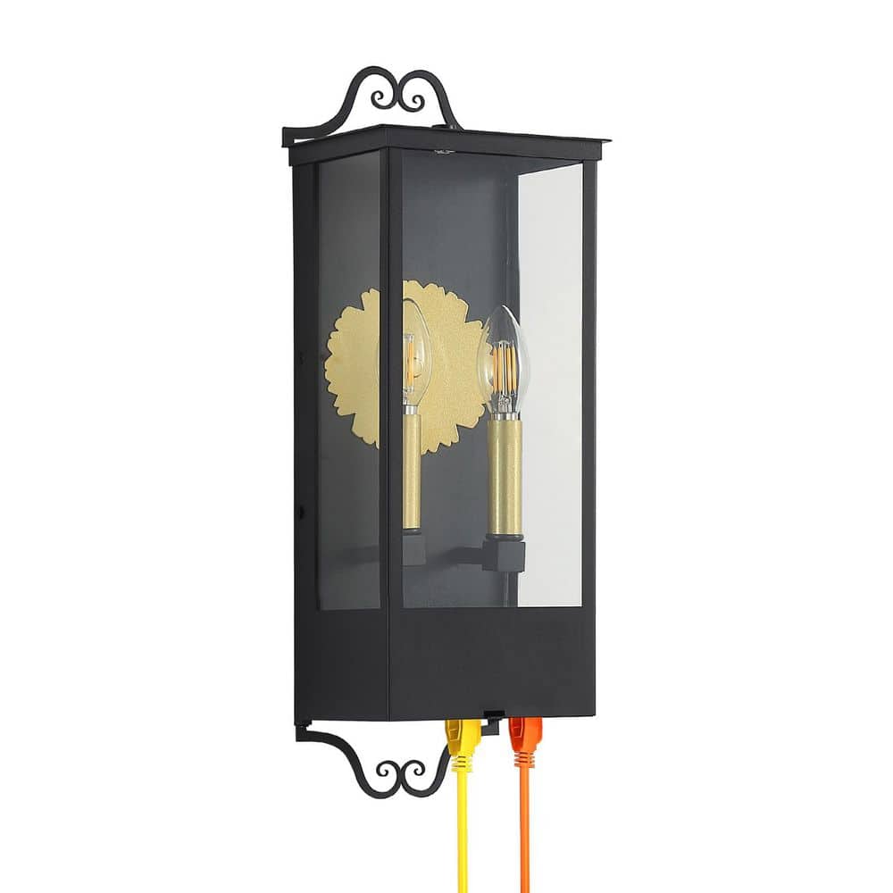 19 in. 2-Light Black Outdoor Dusk to Dawn Wall Light Lantern Sconce with Glass Shade and GFCI Outlet, No Bulb Included price history on PriceWatchPro