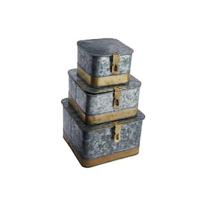 Decorative Galvanized Metal Boxes with Lids in Distressed Silver & Brass (Set of 3)