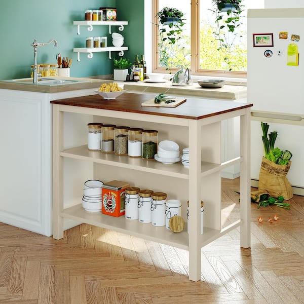Walnut and Cream White Rustic Solid Wood Kitchen Island Carts with 2 Open Shelves