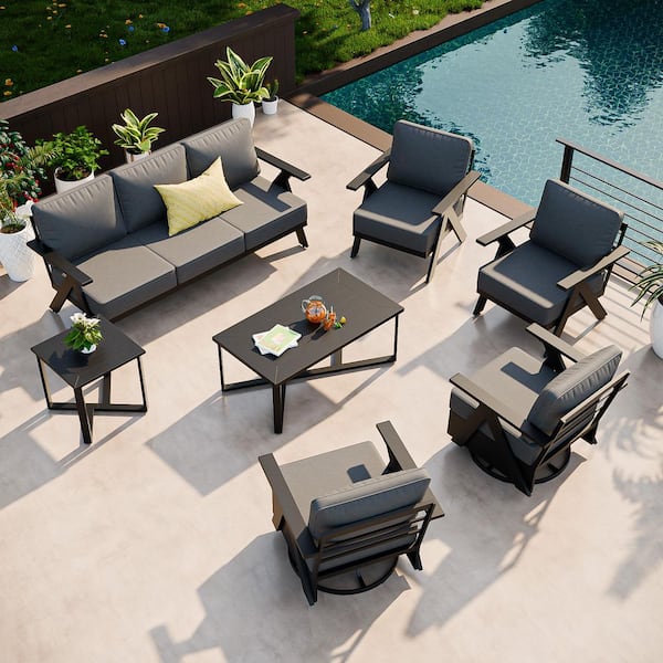 7-Piece Black Aluminum Patio Conversation Set with Gray Cushions and Coffee Table