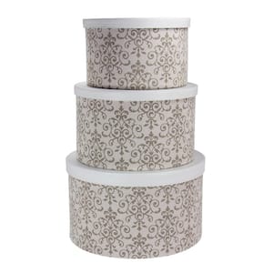 15 in. W x 8.75 in. H Hat Box with White Faux Leather Lids and Scroll Design (Set of 3)