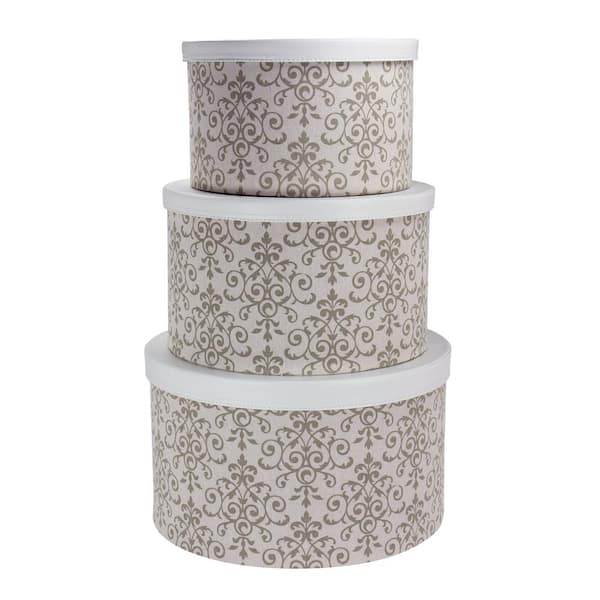 HOUSEHOLD ESSENTIALS 15 in. W x 8.75 in. H Hat Box with White Faux Leather Lids and Scroll Design (Set of 3)