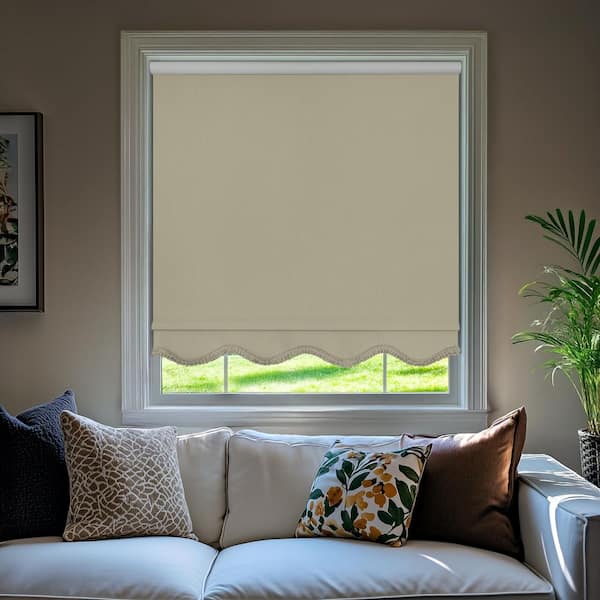 Chicology Fringe Cream Textured Cordless Blackout Privacy Vinyl Roller Shade 62.25 in. W x 64 in. L