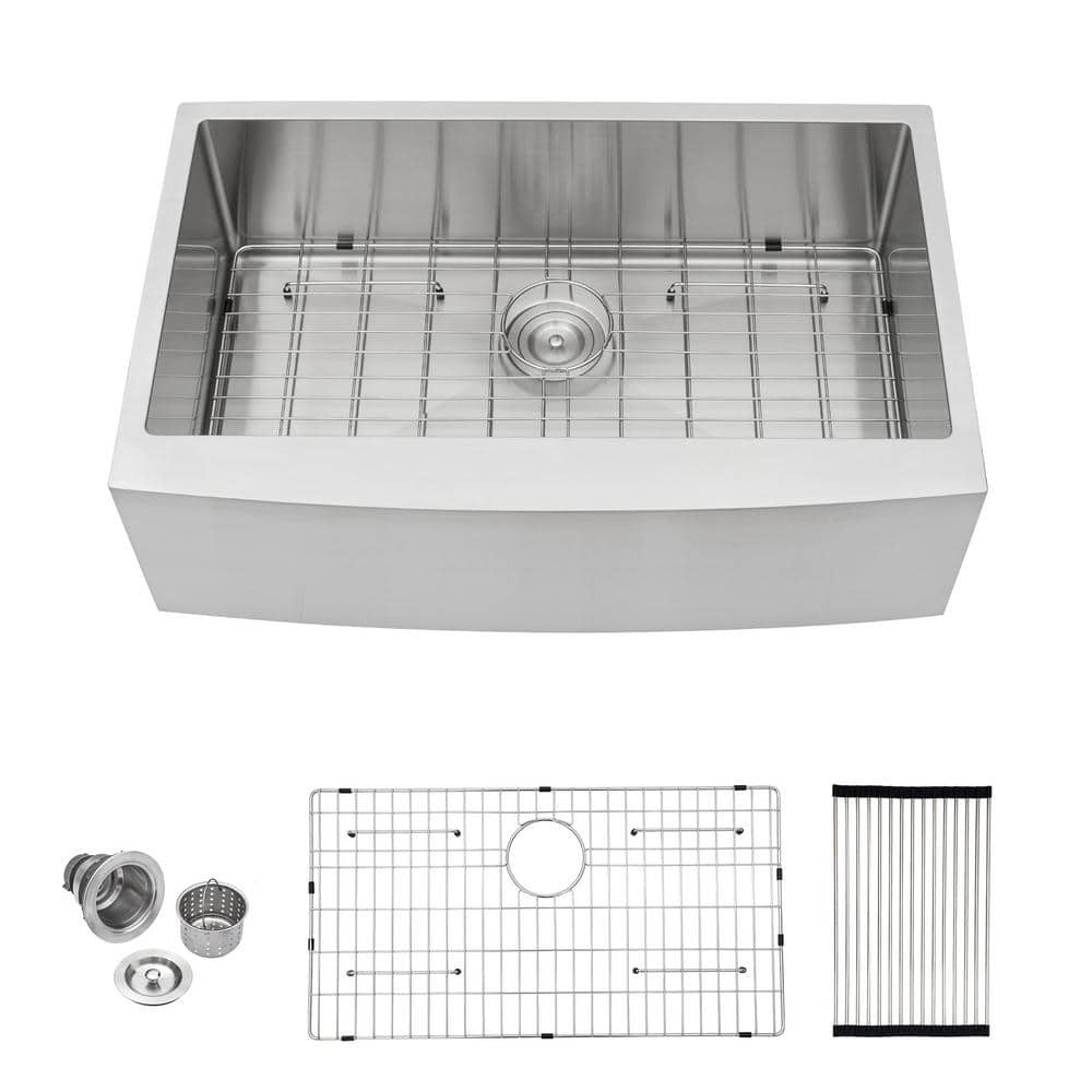 Farmhouse Sink 16-Gauge Stainless Steel 36 in. Single Bowl Farmhouse Apron Kitchen Sink with Bottom Grid, Stainless Steel Brushed