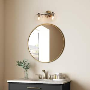 14.5 in. 2-Light Polished Brass Modern Bathroom Vanity Light, DIY Globe Seeded Glass Bath Lighting, Black Wall Sconce