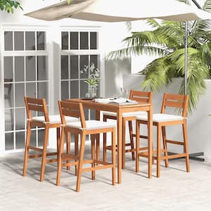 5-Piece Patio Eucalyptus Wood Outdoor Dining Set Bar Height Dining Table and 4 Chairs with Off White Cushions
