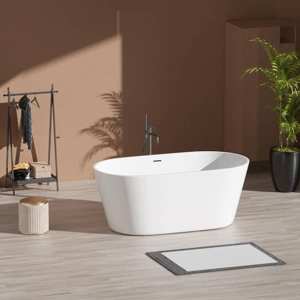 59 in. Acrylic Freestanding Flatbottom Double Ended Soaking Bathtub in White with Drain and Overflow