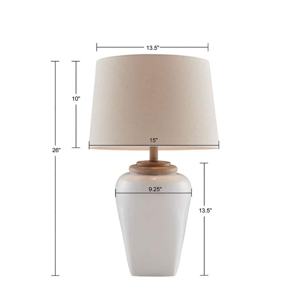White Ceramic Table Lamp with Light Wood Accents and Empire Shade