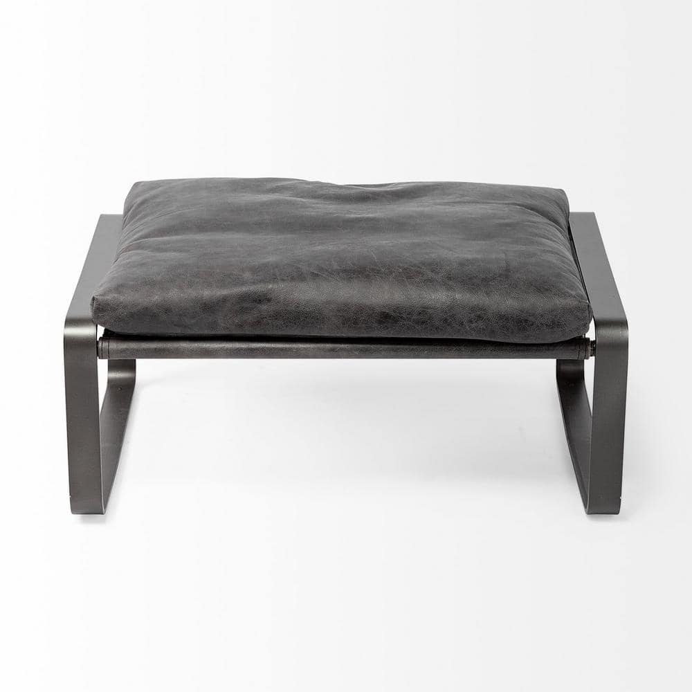 Hornet II 14"H Black Leather and Dark-Brown Iron Base Footstool